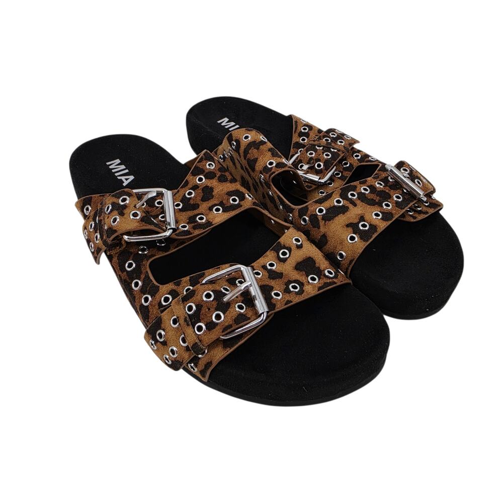 NWOT MIA Leopard Print Brooklyn Grommet Double Buckle Slide Sandals Size 8.5